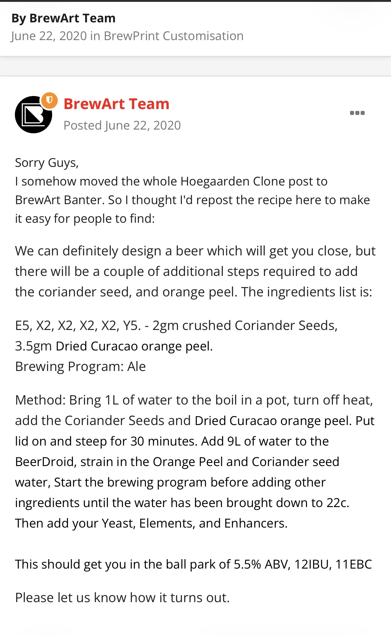 BrewArt Teamが公開したHoegaarden Wheat Cloneのレシピ投稿