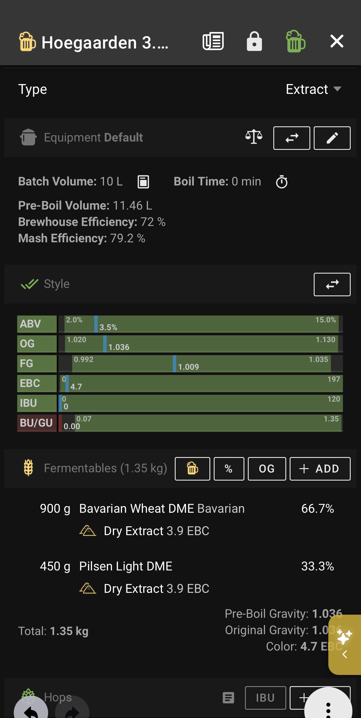 Brewfatherで10L Extract Witbierを作り始めた画面