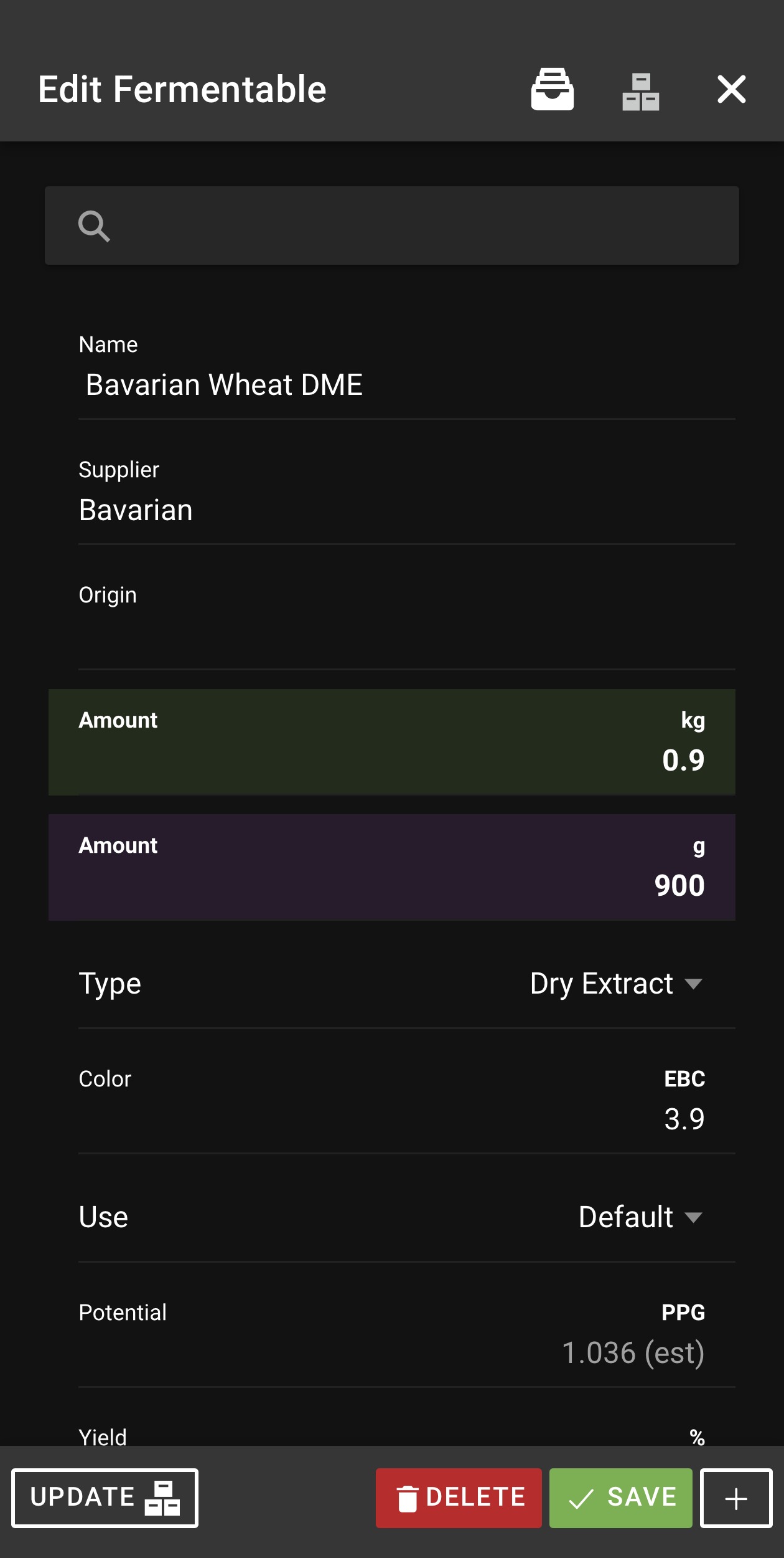 Bavarian Wheat DMEのPotentialが1.036になっていたBrewfather画面