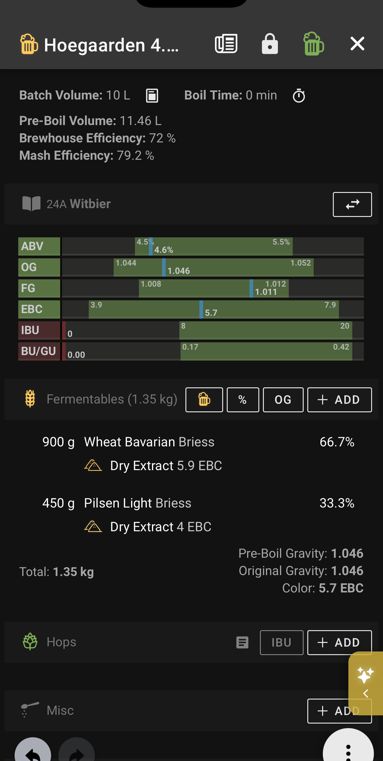 DMEの色設定修正後にColor5.7EBCとなったBrewfather画面