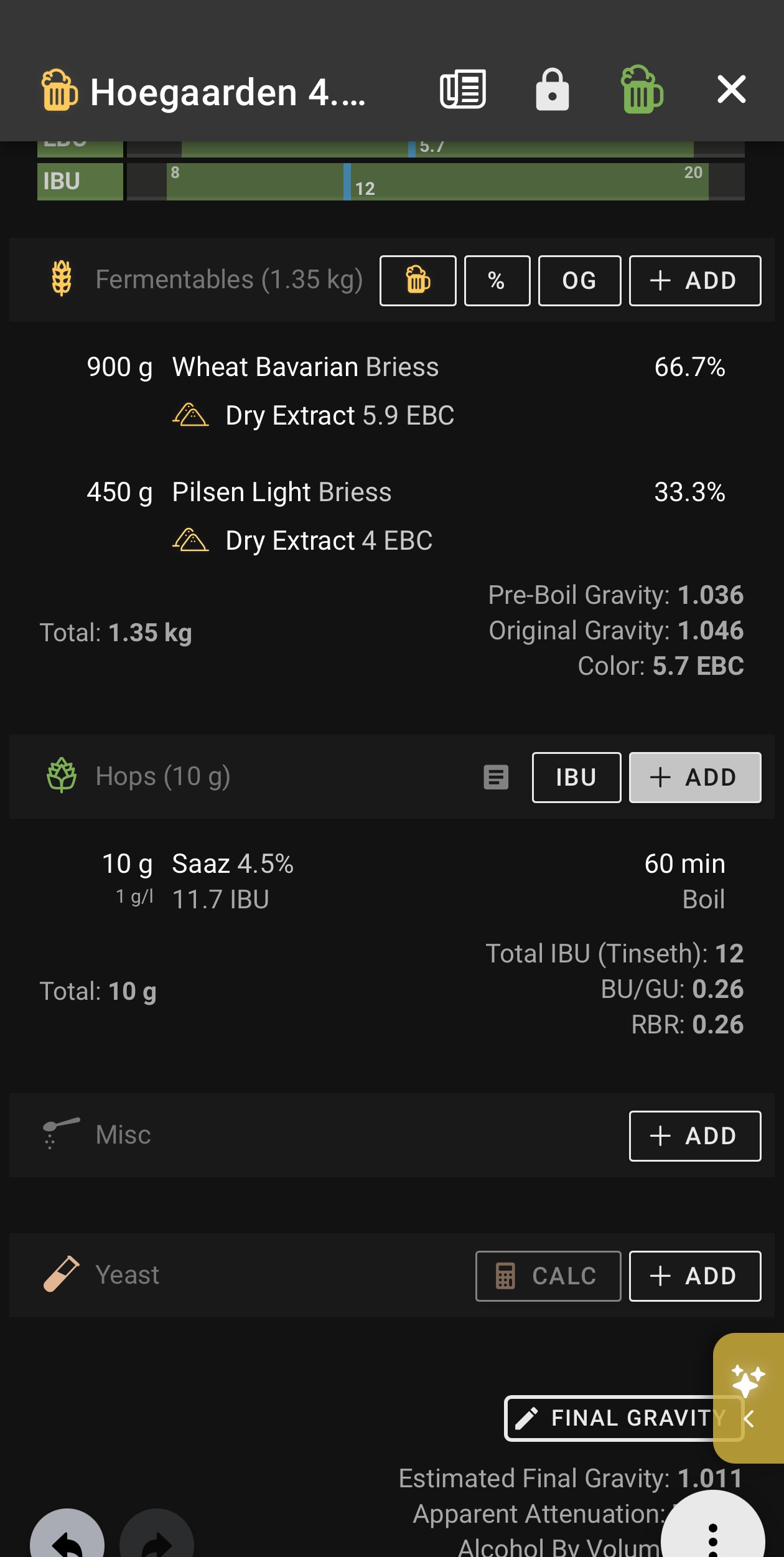 Czech Saaz 10gを60分で設定しIBU12となったBrewfather画面