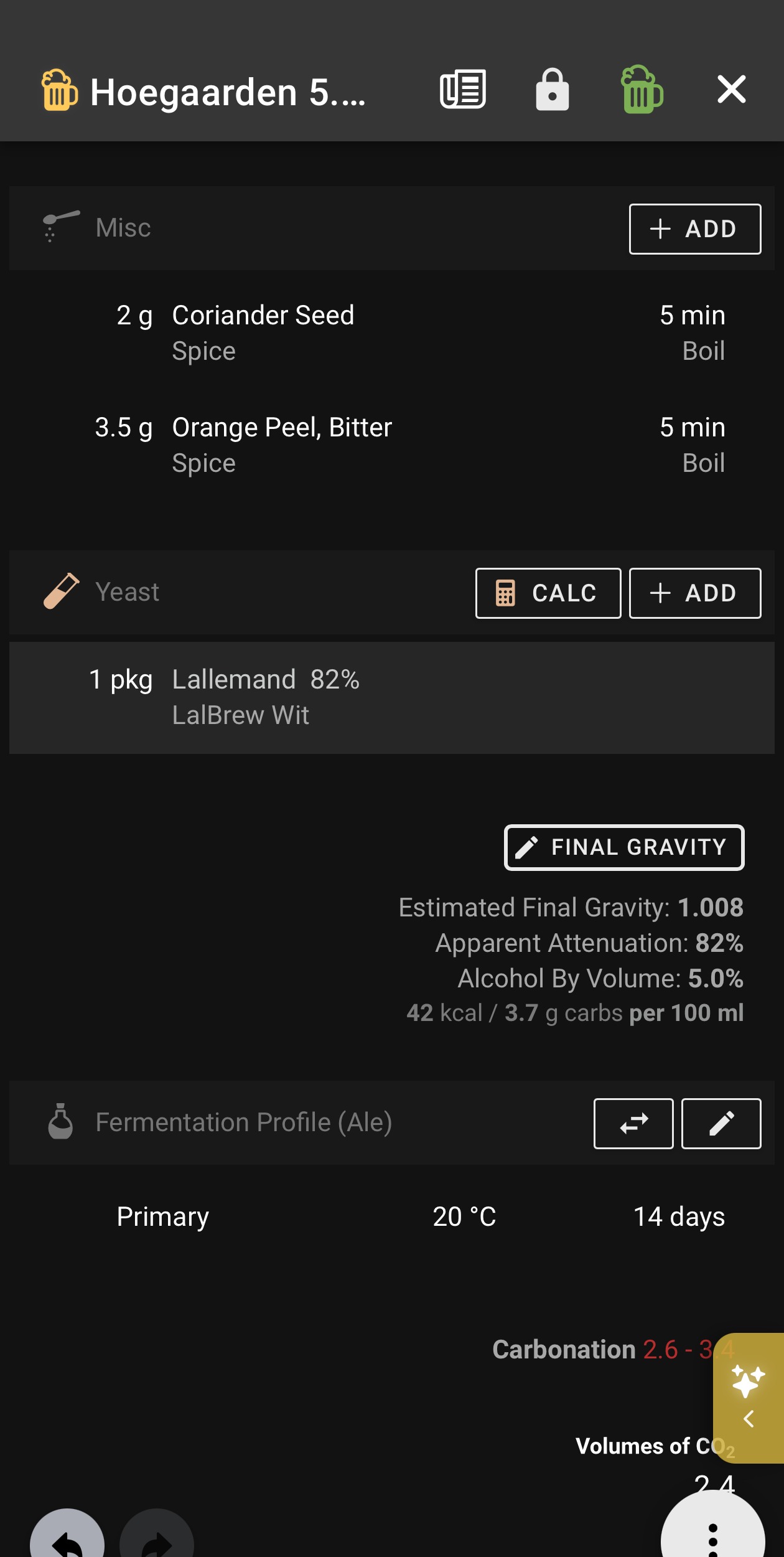 Coriander2g、Orange Peel3.5g、Primary19Cに修正したBrewfather画面