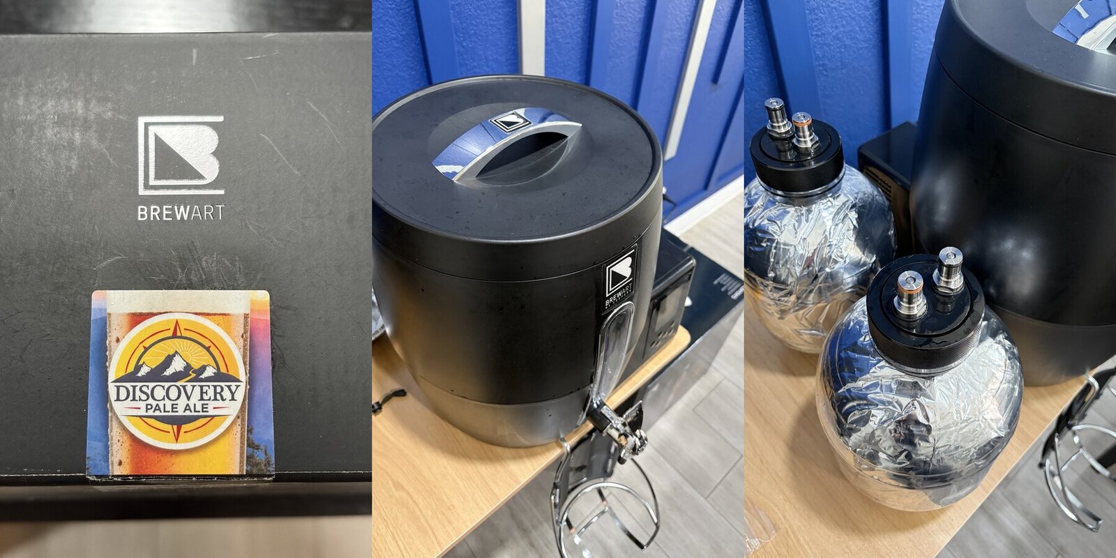 Discovery Pale AleのBrewPrint、BeerDroid本体、ケグ詰め後の2本の5Lケグ