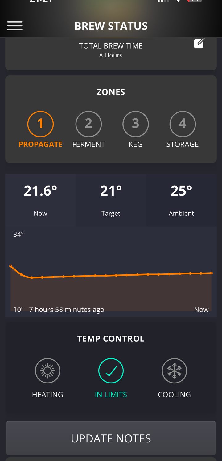 8 hours after start; 21°C target app status