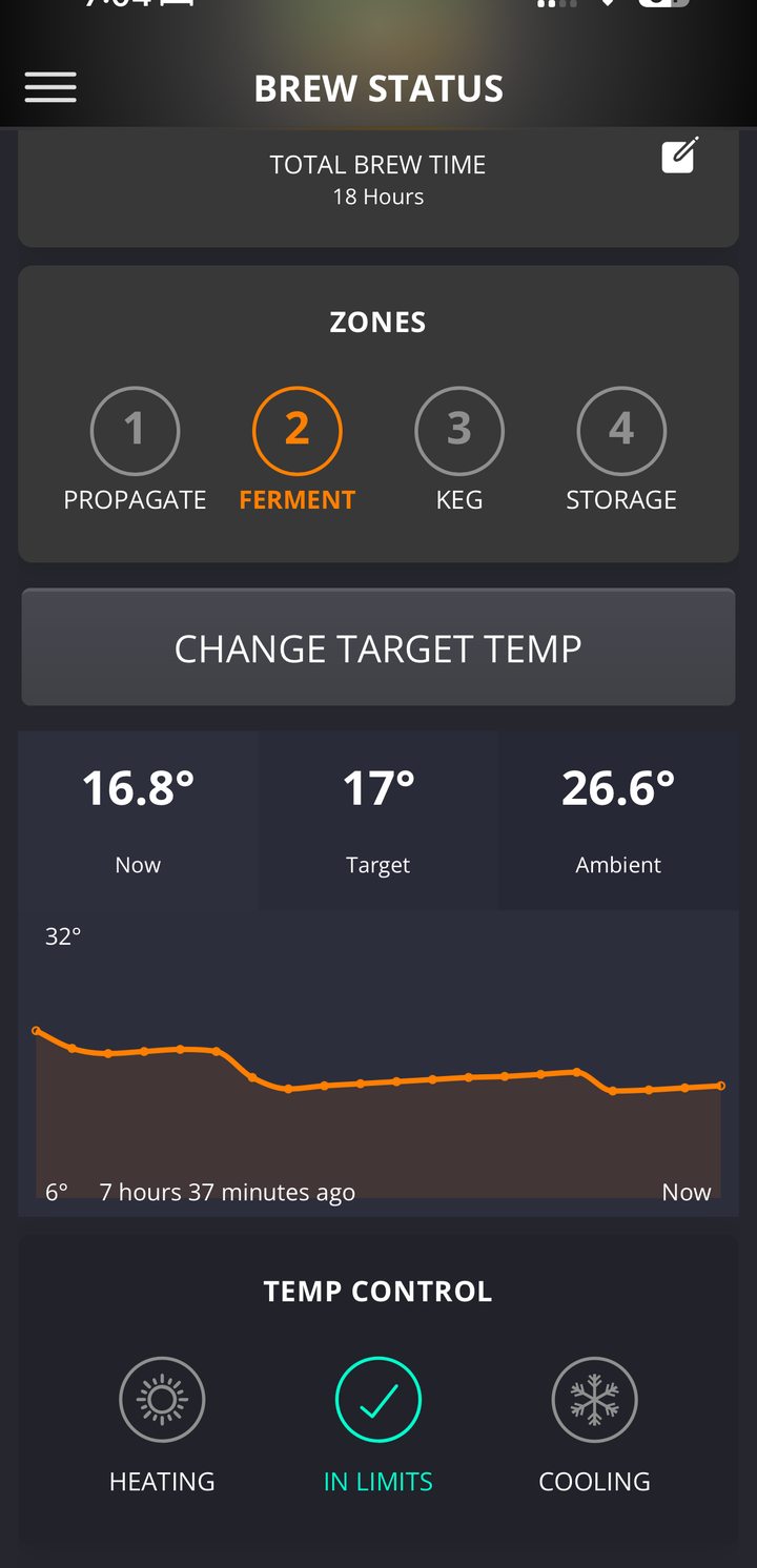18 hours after start; ferment target 17°C app status