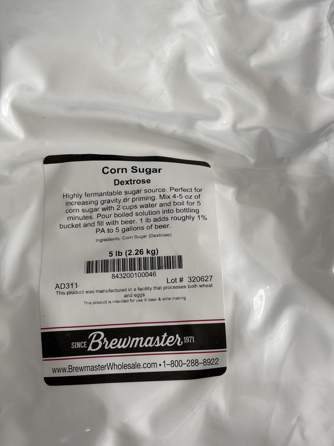 Bag of dextrose corn sugar for beer priming