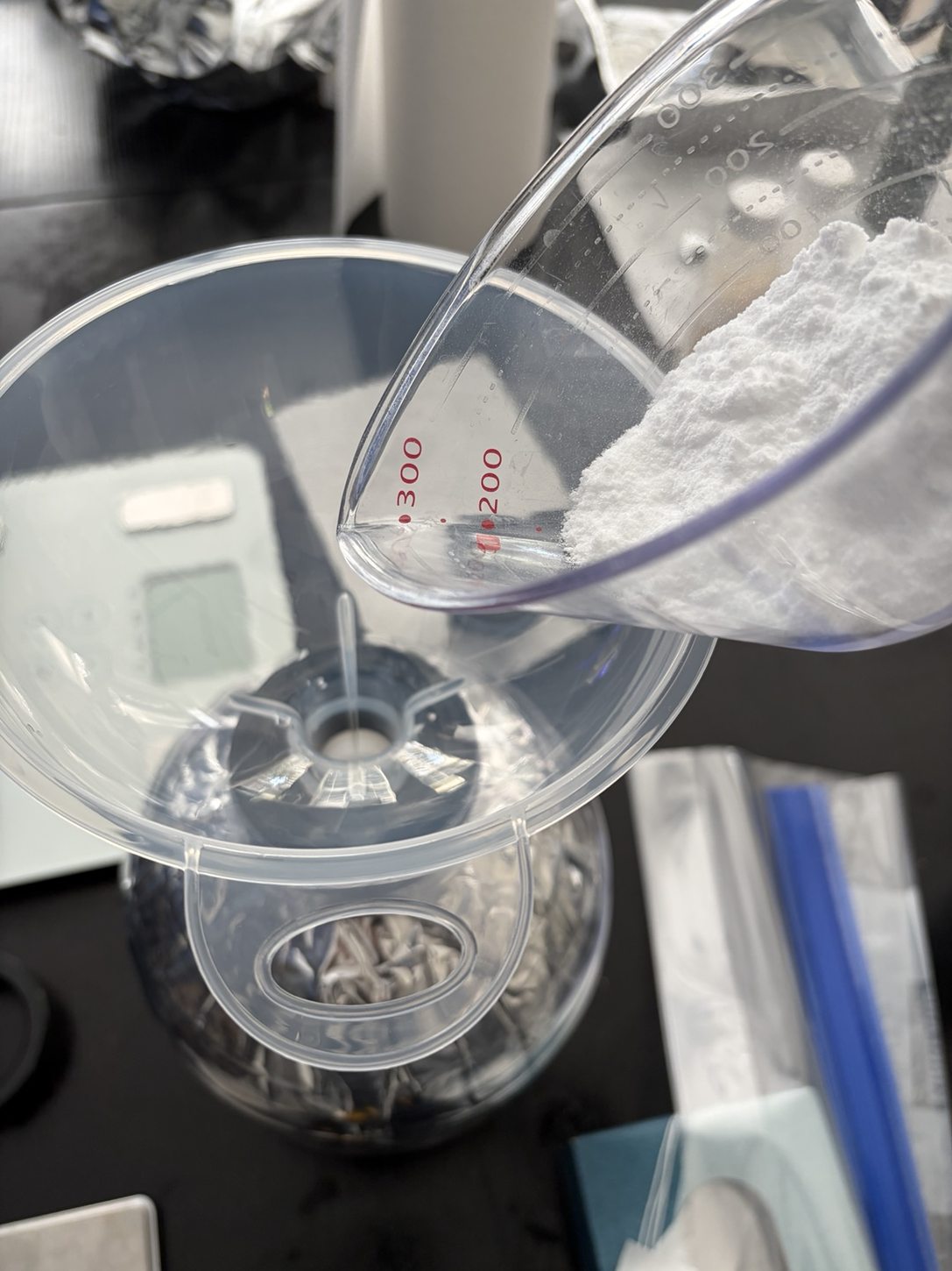 Dextrose being transferred through a funnel