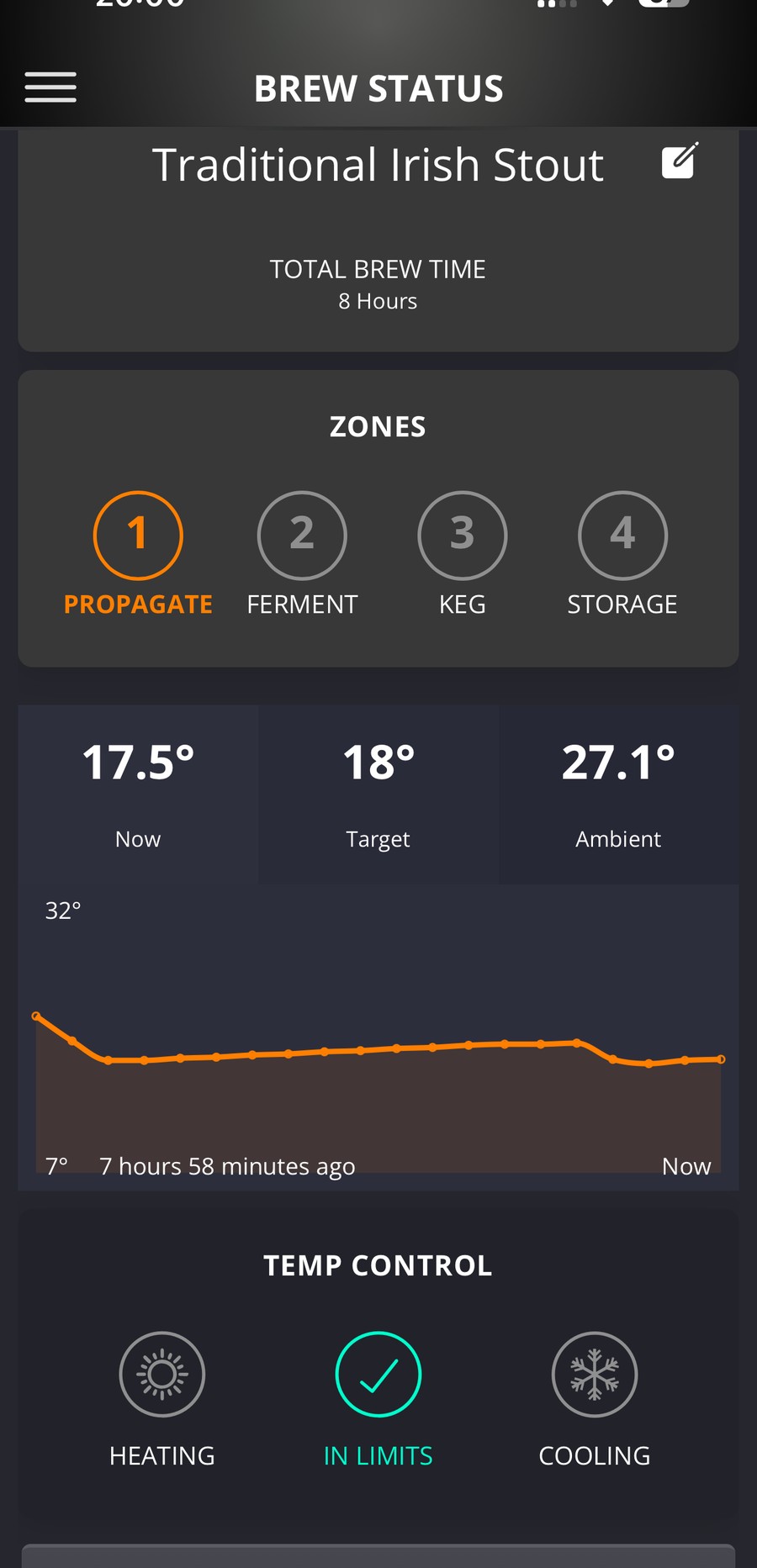Traditional Irish Stout仕込み8時間、PropagateでNow 17.5℃、Target 18℃のBrewArtアプリ画面