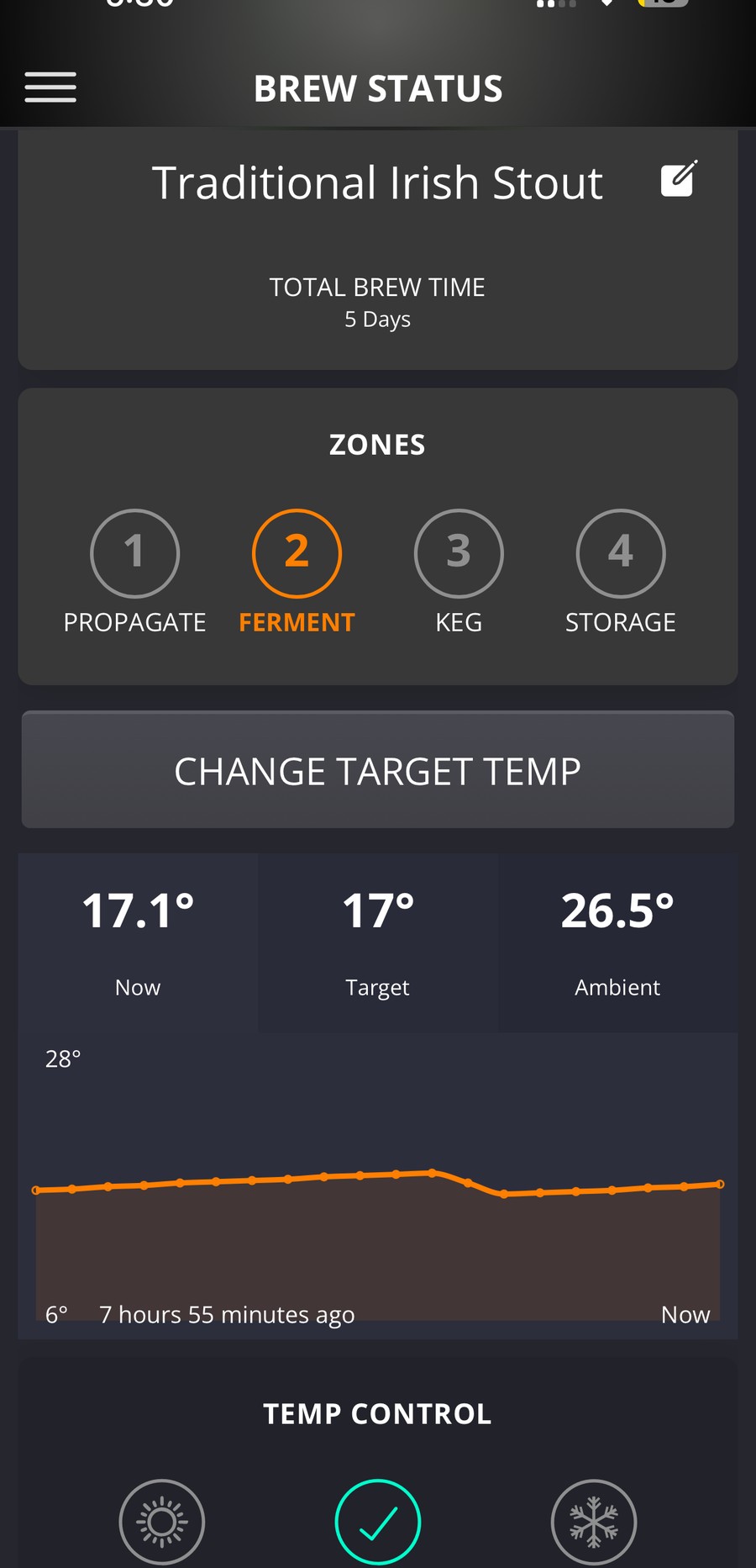 Traditional Irish Stout仕込み5日、FermentでNow 17.1℃、Target 17℃のBrewArtアプリ画面