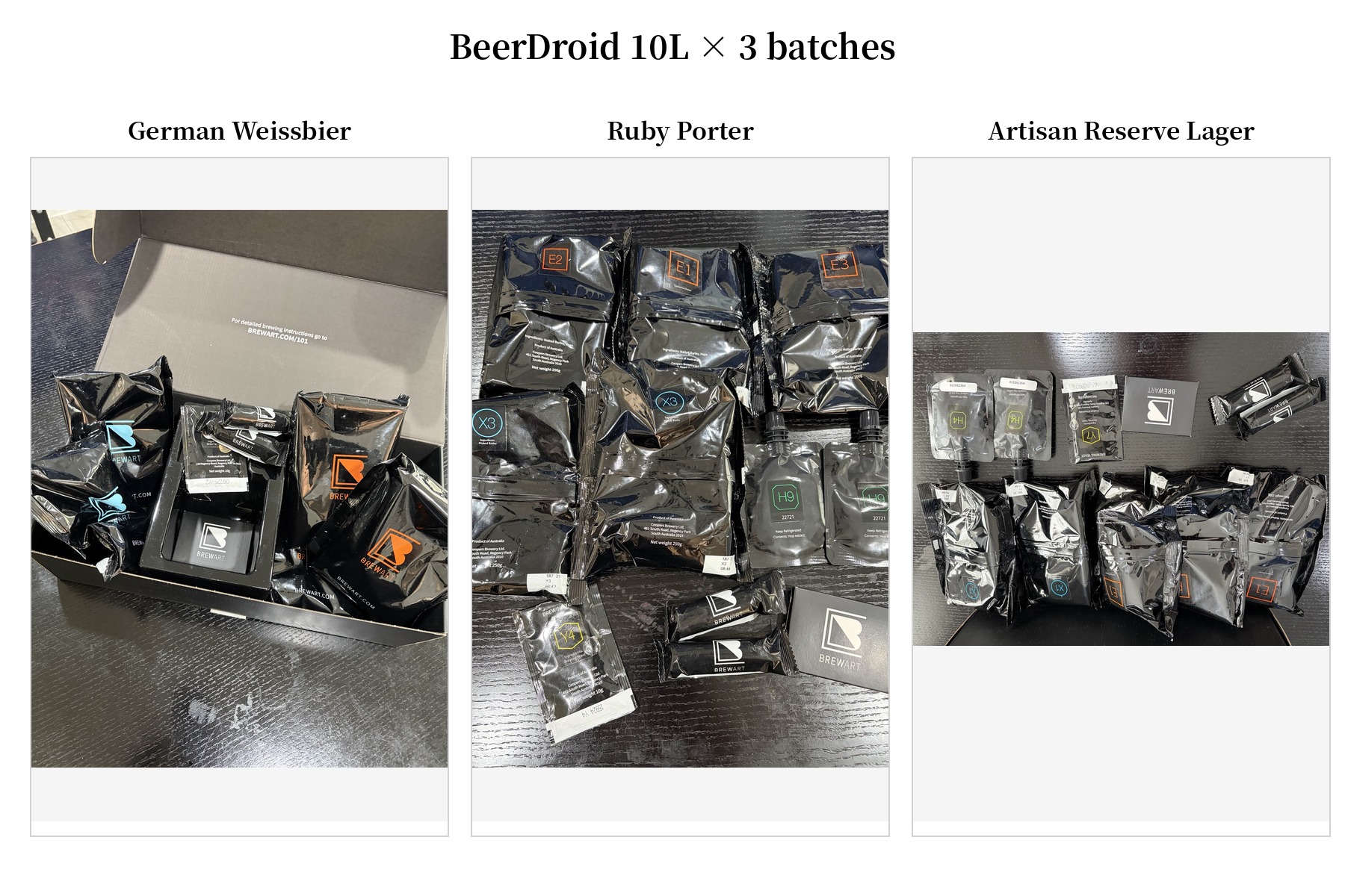 BeerDroid 10Lで仕込んだGerman Weissbier、Ruby Porter、Artisan Reserve Lagerの3種類の材料