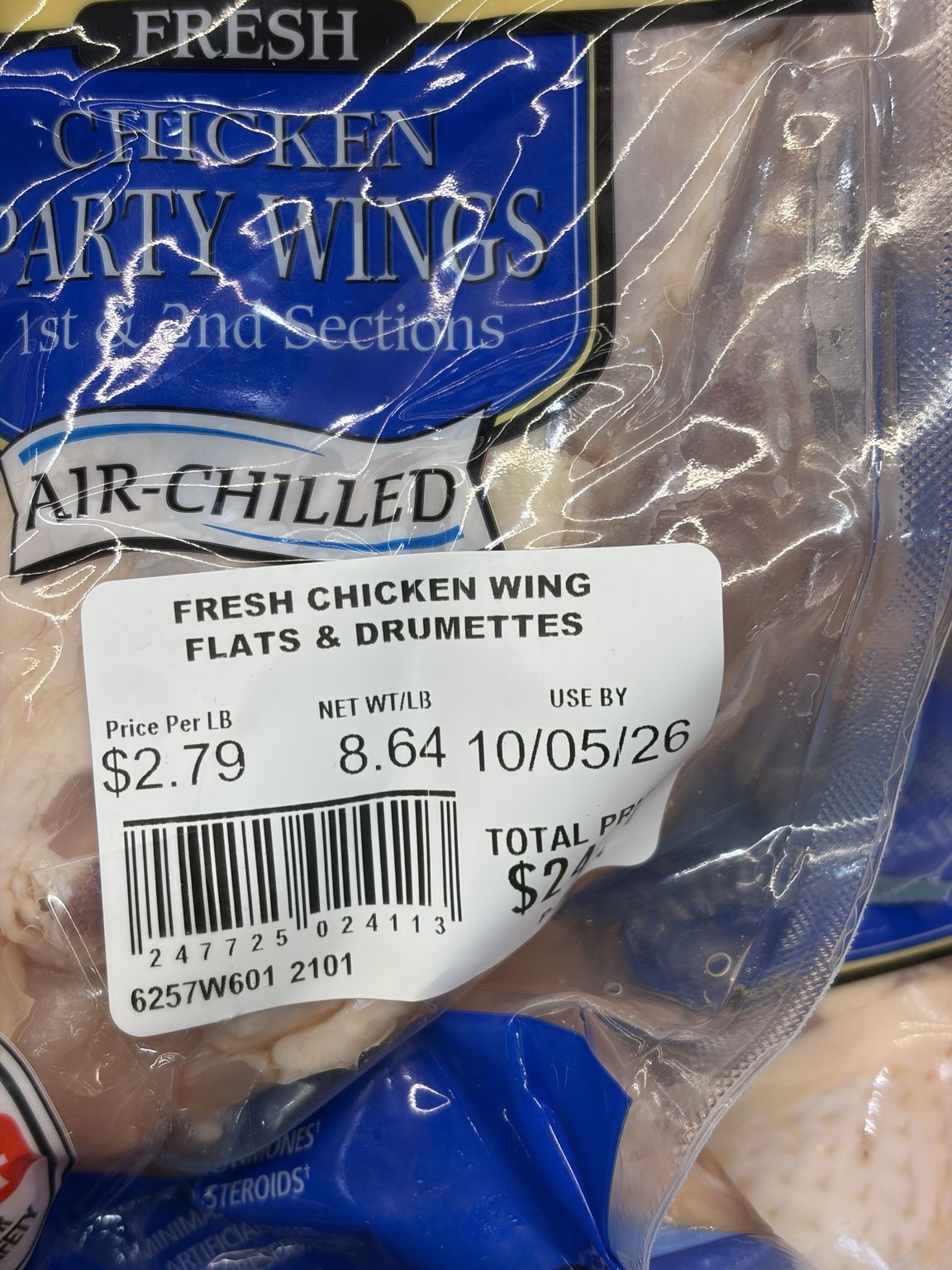 Costco air-chilled Party Wings, first and second sections, priced at 2.79 dollars per pound