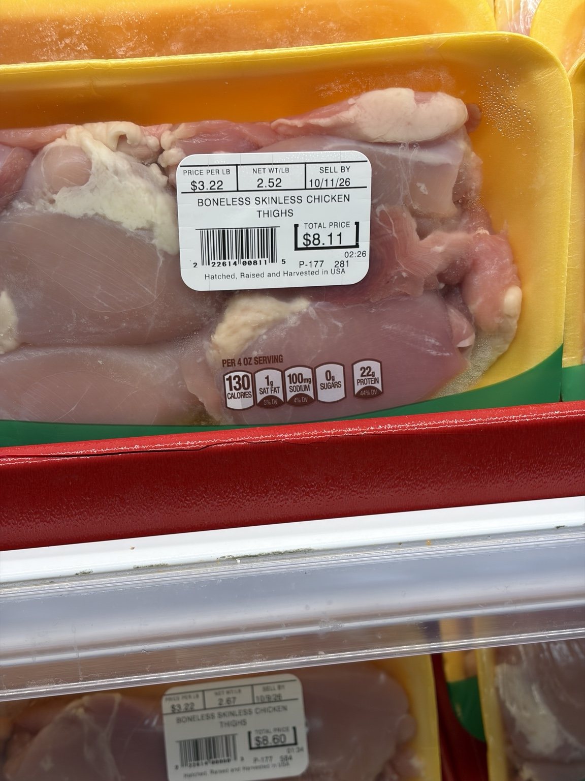 H-E-B boneless skinless chicken thighs priced at 3.22 dollars per pound