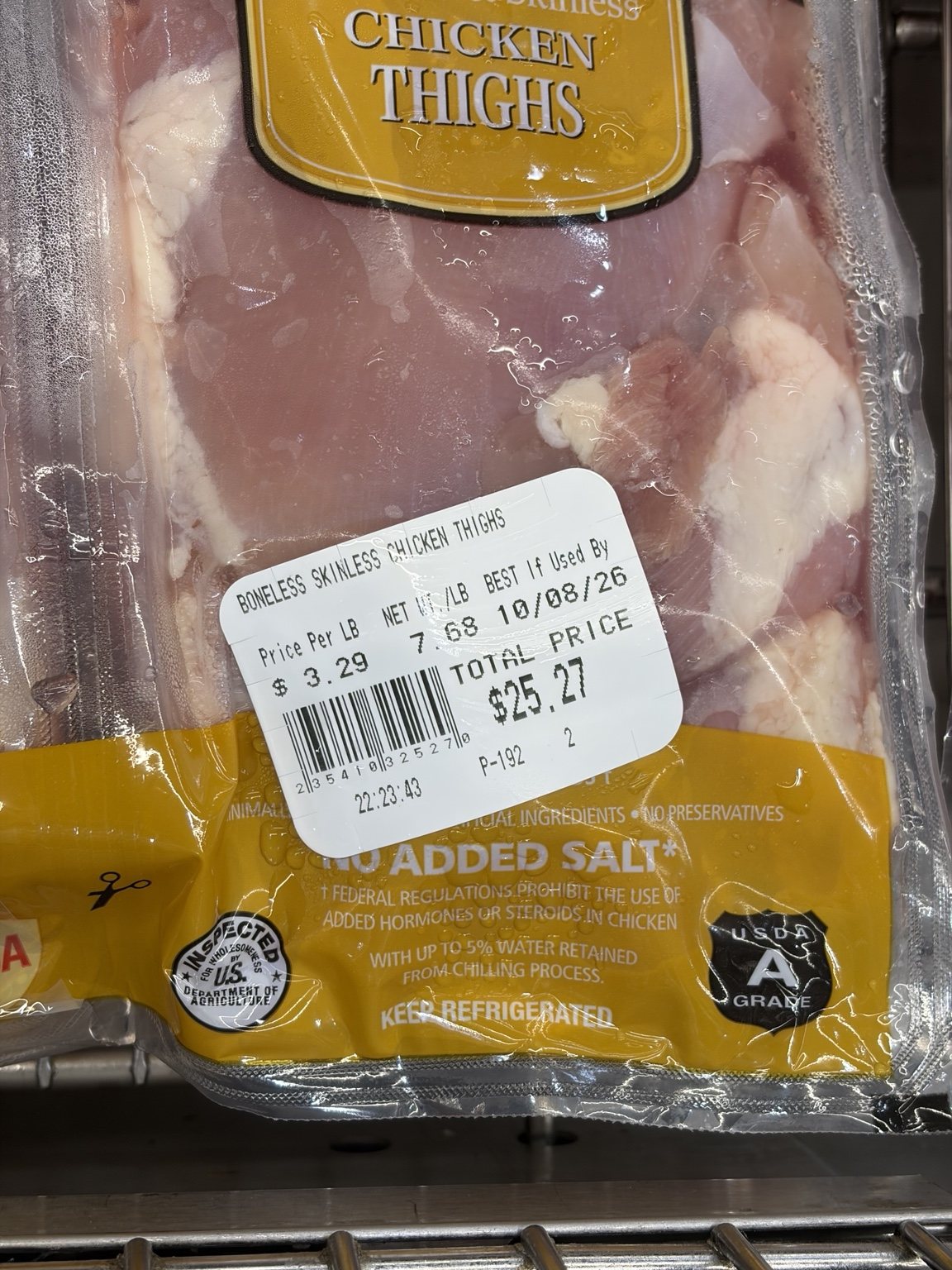 Costco boneless skinless chicken thighs priced at 3.29 dollars per pound with up to 5 percent retained water