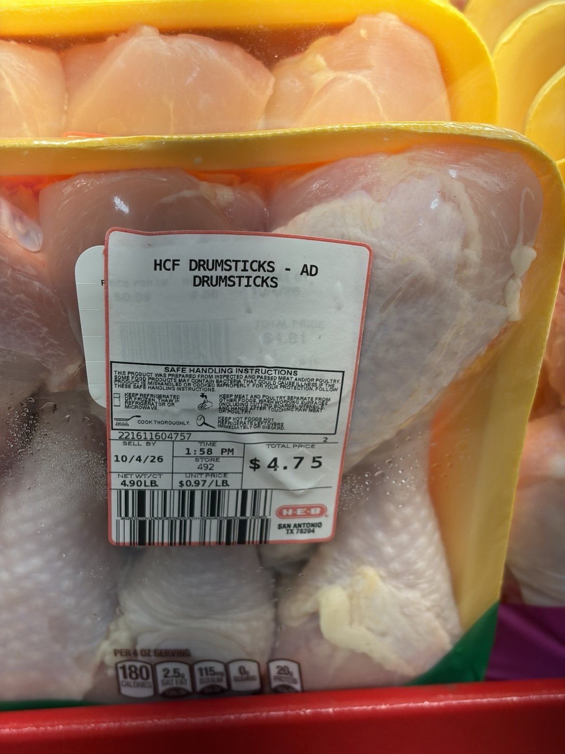 Earlier H-E-B drumstick price of 0.97 dollars per pound with AD on the label