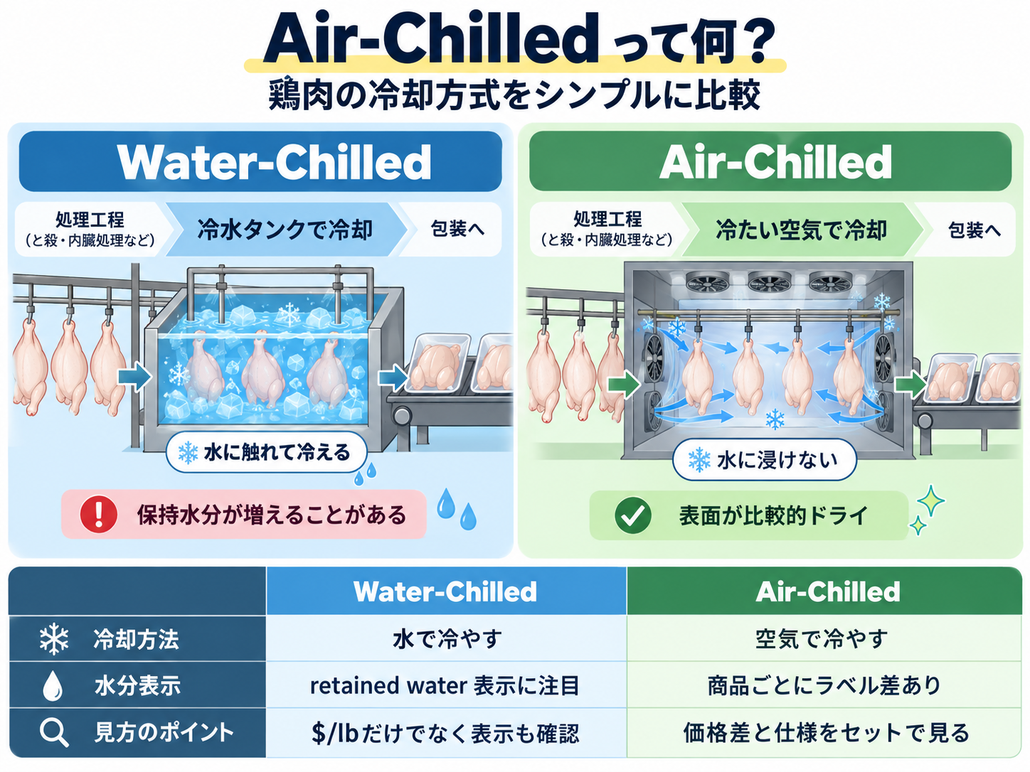 Schematic comparing air-chilled and water-chilled chicken cooling methods