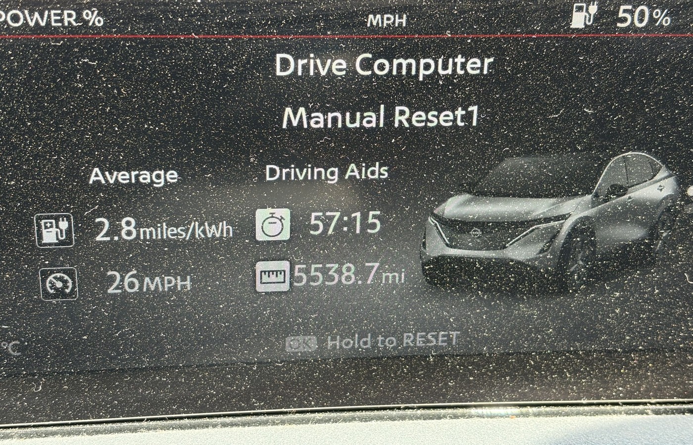 Nissan AriyaのDrive Computerに表示された平均2.8 miles per kWh